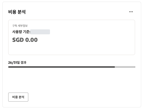 OCI 비용 분석 화면에 이번 달 청구 금액이 SGD 0.00으로 표시된 화면
